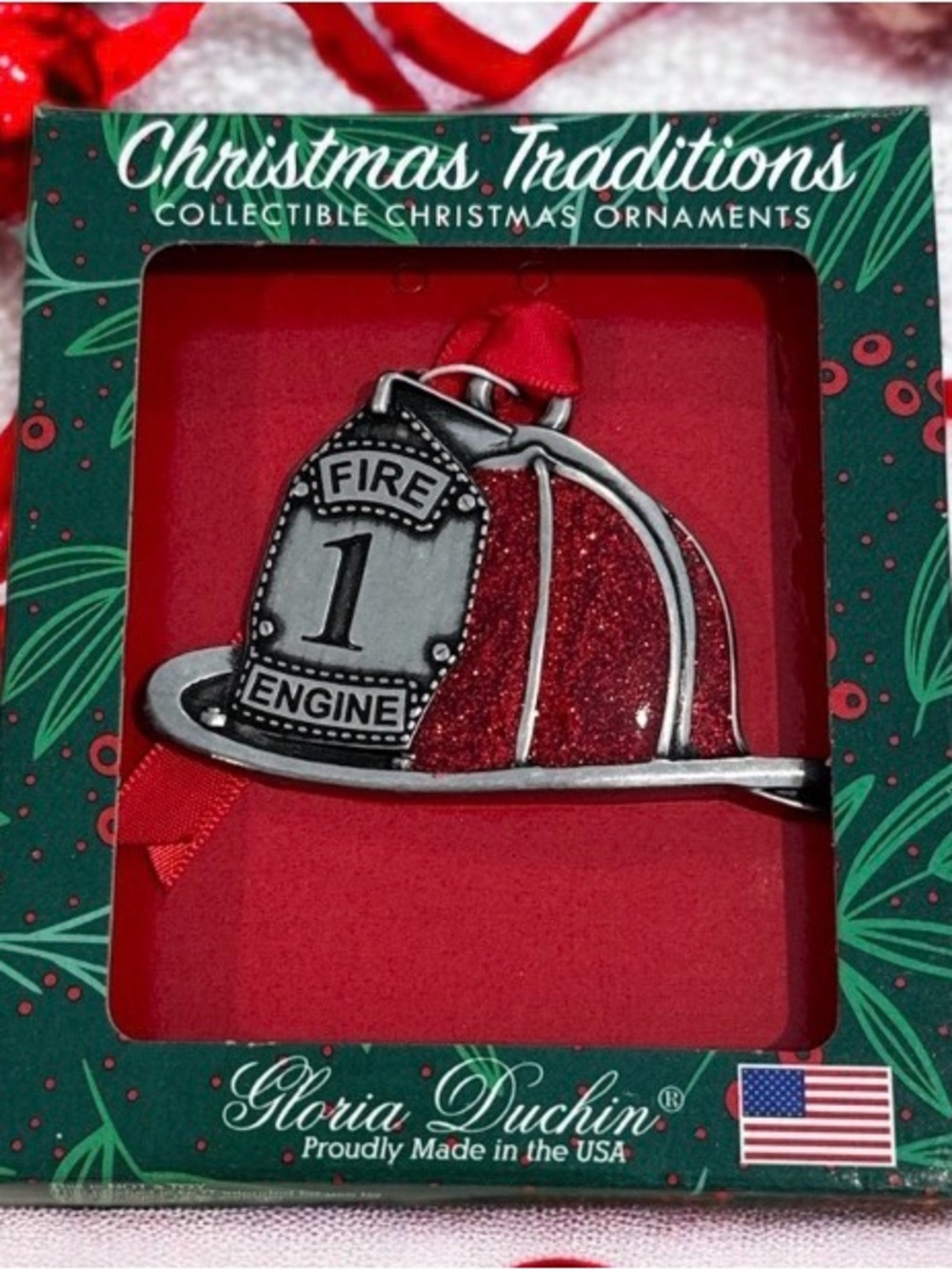 Christmas Traditions collectible ornament fire engine firefighter Gloria Duchin